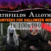 A pair of spooky halloween figures under a banner that says "Volunteers for Halloween needed"